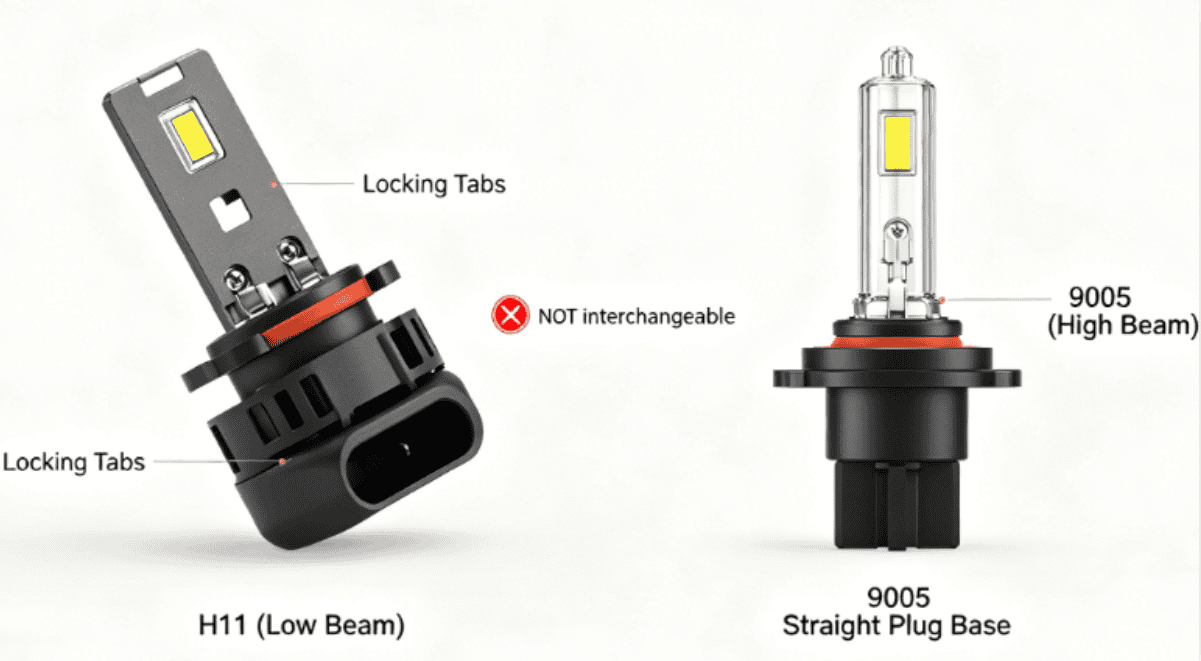 Technical diagram comparing dimensions of H11 and 9005 headlight bulbs