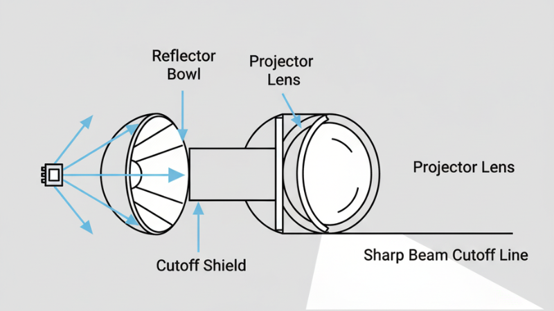 This is a simple infographic projection headlight assembly diagram. It shows the reflector bowl, the cut-off baffle and the focusing lens, as well as a clear diagram of the beam cut-off line.