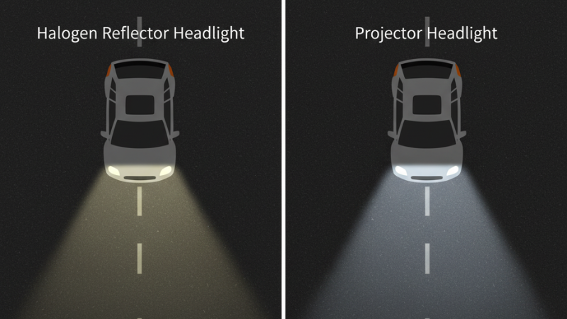 This is a split-screen comparison picture. On the left is the beam mode of the halogen reflector headlight, with light scattering. On the right is the beam mode of the projection headlight, featuring sharp cut-off lines and focused beams.