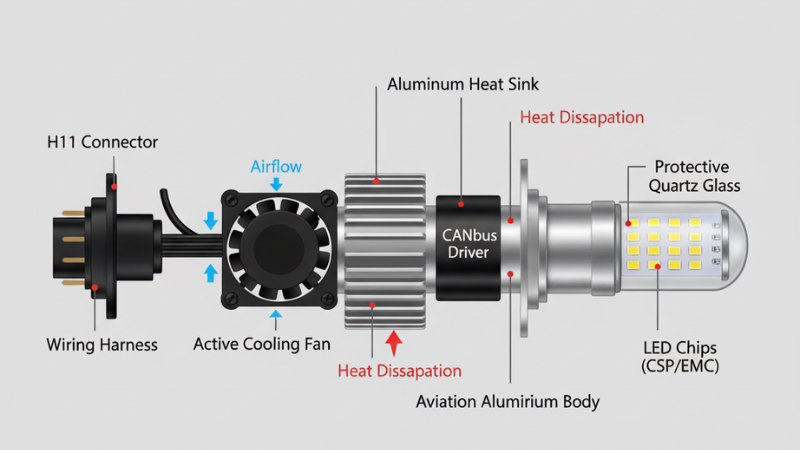 Detailed LED headlight bulb with heat sink and cooling fan, shown flat on a clean white background. Modern design with labeled socket types H1, H4, H7, and H11, highlighting structure and components for clear visualization.