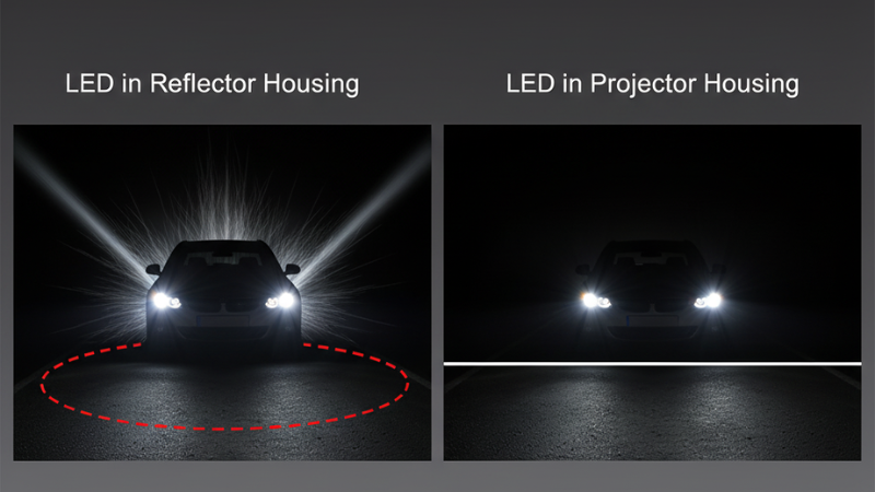 This is a visual comparison picture of two parts. The left side shows the LED bulb generating scattered glare in the reflector housing, and the right side shows the LED bulb having a sharp cut-off line in the projector housing.