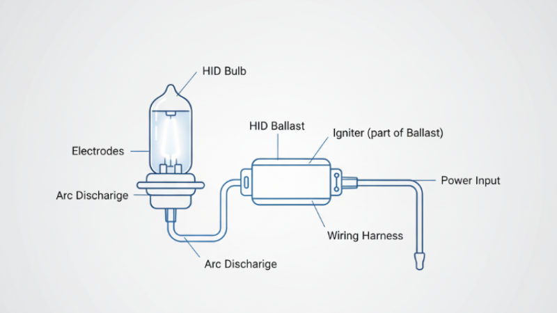 This is a simplified technical illustration of an HID bulb connected to a ballast. It shows the arc between the electrodes inside the HID bulb.
