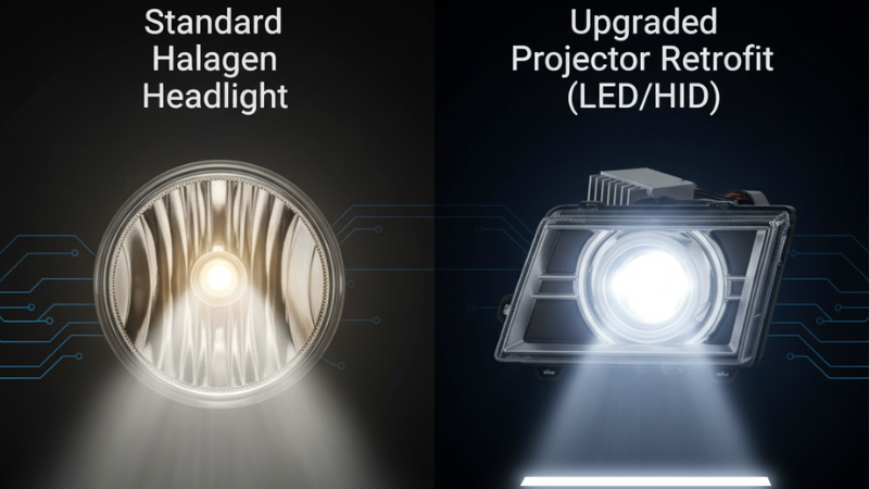 This is a side-by-side comparison chart. On the left is a simple halogen headlight, and on the right is an upgraded LED/HID projection modification with a modern design and sharp light cut-off.