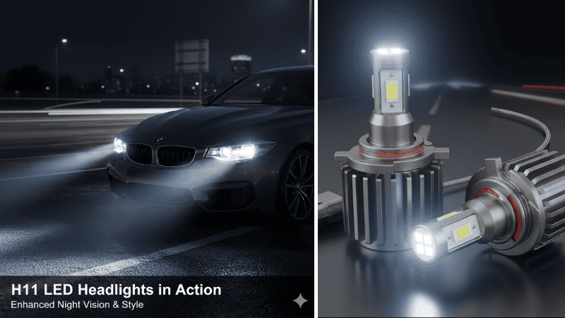 H11-LED-Glühbirnen in einem schwarzen Auto und Details der H11-LED-Glühbirnen