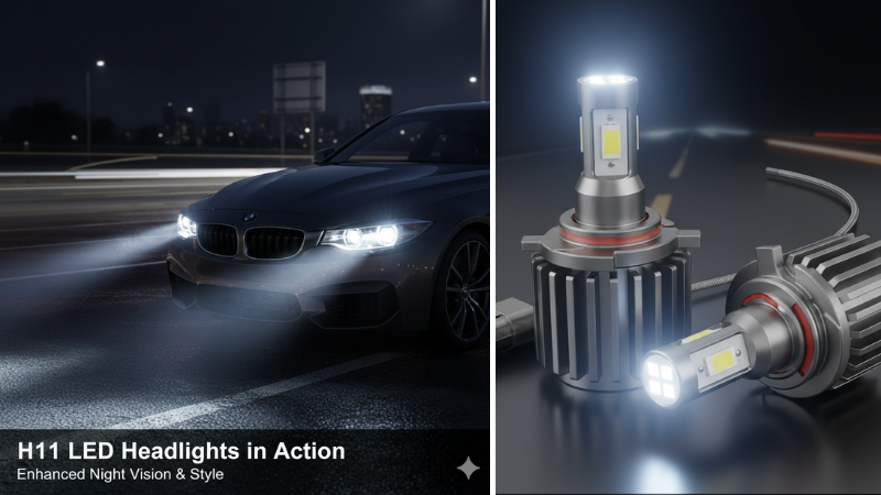 H11 LED Light bulbs in a black car and the detail of the H11 LED Light bulbs