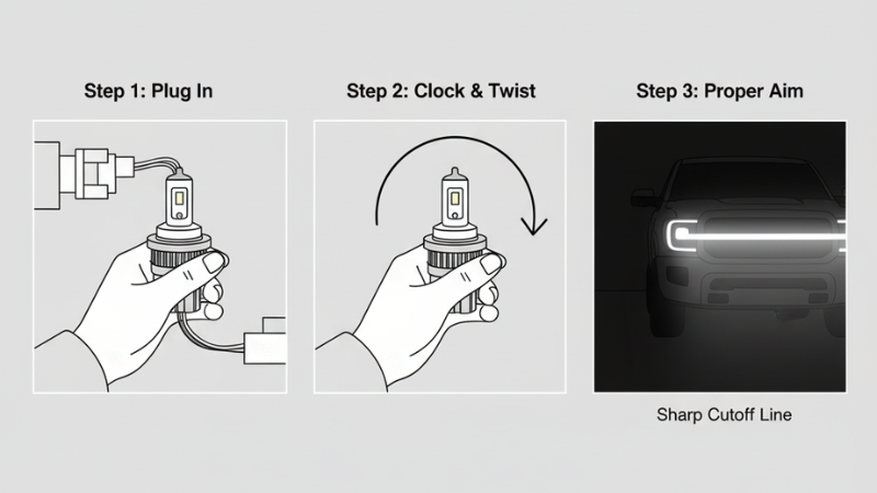 This series of pictures, consisting of three concise illustrations, clearly shows the key steps for installing LED bulbs: insertion, rotation adjustment, and correct beam calibration.