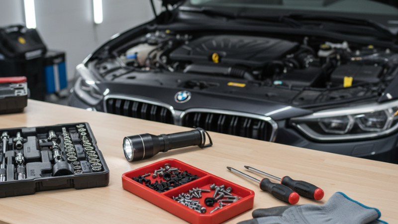 It is a top view of a clean and tidy garage workbench, with all kinds of tools neatly arranged (screwdrivers, socket wrenches, flashlights, work gloves, and magnetic trays with small screws). The hood of the car slightly opened in the background, hinting at the upcoming work.