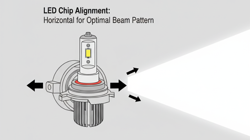 This is a clear technical illustration showing the new LED headlight bulb inserted into the lamp socket. The arrow or line indicates that the LED chip on the bulb should be oriented horizontally (left and right) to achieve the best beam mode. The correctly formed and focused light beam emitted from the lamp holder provides subtle visual cues.