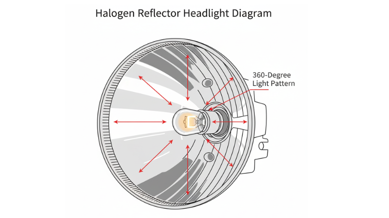 This simple infographic chart shows halogen reflector headlights. It is a cross-sectional view of a car headlight with a concave reflector surface and a halogen bulb at the center.