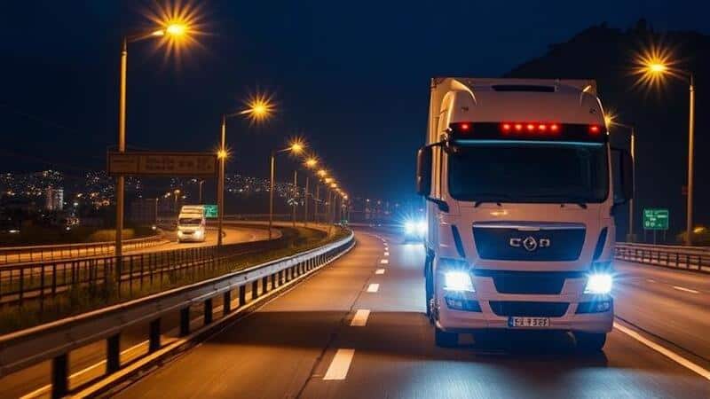 Commercial truck on highway at night with bright DOT-compliant LED headlights